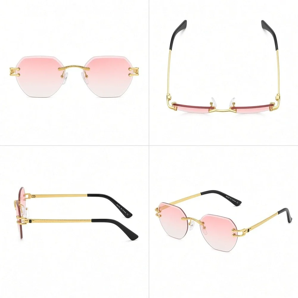 Men Sunglasses Pink Lens Rimless Diamond Cut Gold Frame UV400 Protect Hip Hop